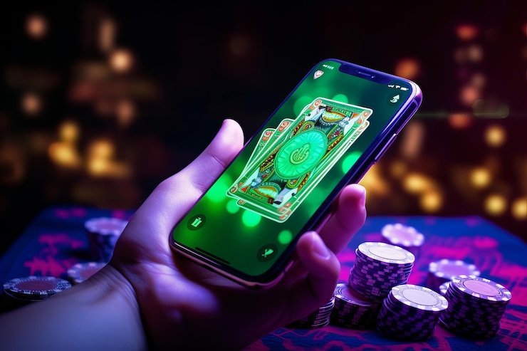 Layar slot digital berwarna-warni dengan berbagai simbol menarik